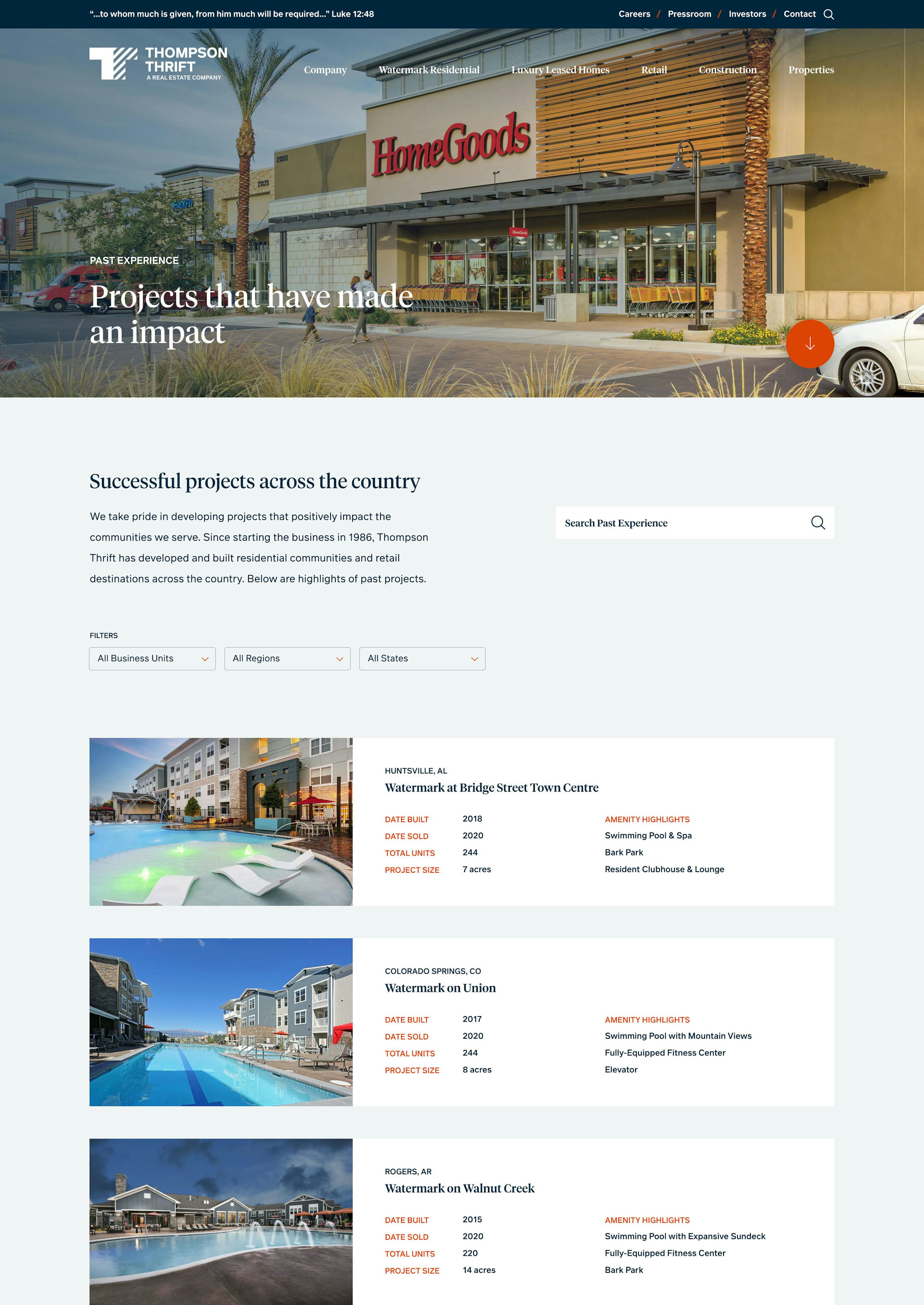 Thompson Thrift Past Experience